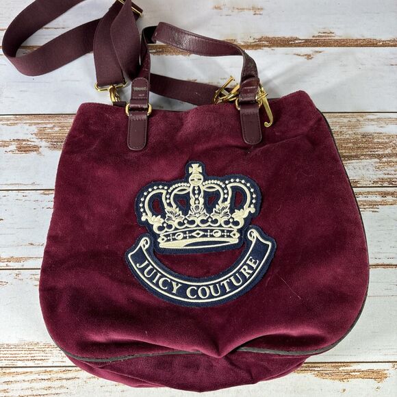 Vintage Juicy Couture Purse Burgundy Velour Satchel Bag Purse Tote Y2K - Picture 1 of 14